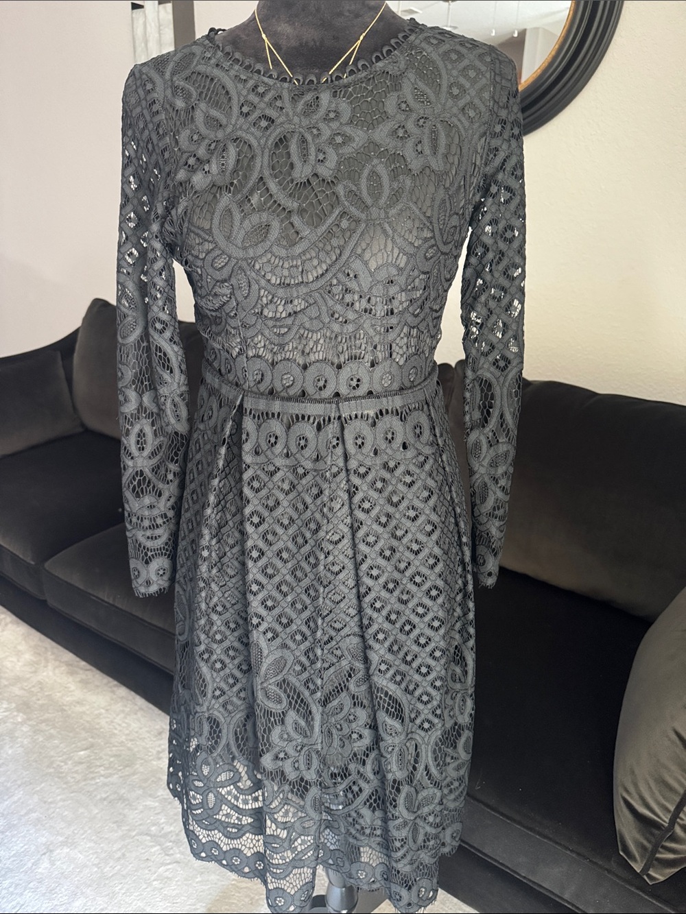 Women's Black Lace Long-Sleeve Fit & Flare Dress. Size 4